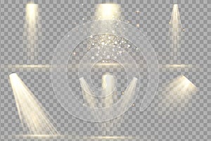 Set of Spotlight isolated . Vector glowing light effect with gold rays and beams. Scene illumination collection, transparent