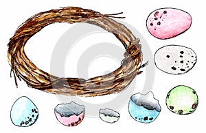 Set spotted Easter egg of various colors and braided wreath of branches. Isolated on a white background. Watercolor hand