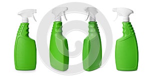 Set with spray bottles of cleaning product on white background. Banner design