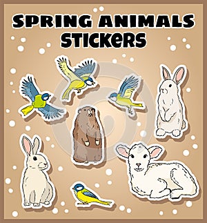 Set of spring animals stickers. Label doodles collection