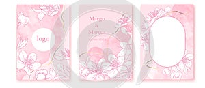 Set of spring backgrouds with sakura branch. Cherry blossoms. Design for card, wedding invitation