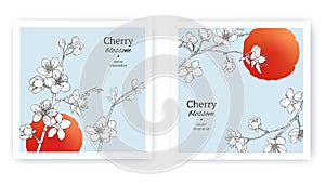 Set of spring backgrouds with sakura branch and red sun. Cherry blossoms. Design for card, wedding invitation, cover