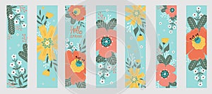 Set spring bookmarks. Hello spring. Spring flowers, leaves