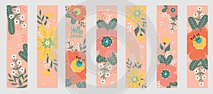 Set spring bookmarks. Hello spring. Spring flowers, leaves.