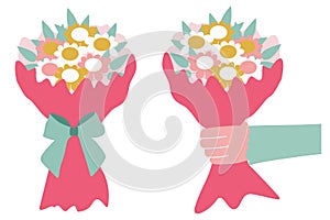 Set of spring Bouquets of flowers. A Male hand gives Wrapped Flowers. Valentines day, Wedding, Birthday Design Art. Vector
