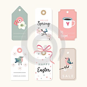 Set of spring, Easter gift tags and labels with flowers, cherry blossoms, birds and pink ribbon. Isolated vector