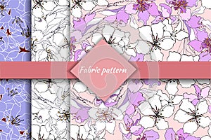Set of spring floral backgrounds, hand drawn small delicate flowers of almond and sakura for fabric and home textile