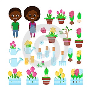 Set spring and gardening children, tulips, flower pots, decorative fences, daffodils, hyacinths and their bulb,.