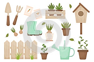 Set spring gardening wooden fence, birdhouse, flowerpot, hyacinth and wooden box isolated on white background. Textured, detailed