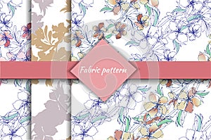Set of spring hand drawn floral backgrounds, small flowers of almond and sakura for fabric and home textile