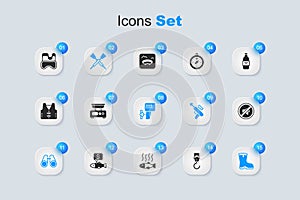 Set Spring scale, Electronic scales, Crossed oars or paddles boat, Binoculars, Fishing boots, Speaker mute, Diving mask