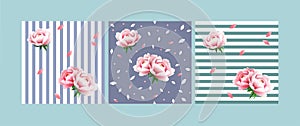 Set of seamless floral patterns with gently pink peonies on a light blue and light green background with white stripes