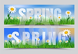 Set of spring web banners with green grass, white flowers