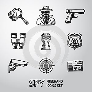 Set of Spy handdrawn icons - fingerprint, spy, gun