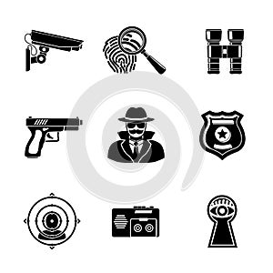 Set of Spy icons - fingerprint, spy, gun