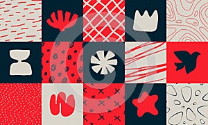 Set of square abstract geometric compositions, Hand drawn playful naive geometric unusual shapes and texture, minimalistic bizarre