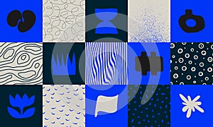 Set of square abstract geometric compositions, Hand drawn playful naive geometric unusual shapes and texture, minimalistic bizarre