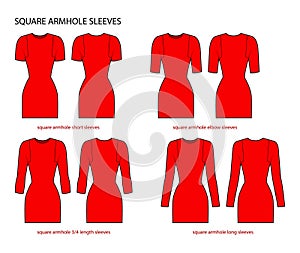 Set of Square armhole sleeves clothes - long, short, 3-4, elbow length technical fashion illustration with fitted body.