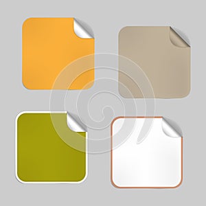 Set of square blank empty stickers with peeled off corner, mockup. Aluminium foil lids, adhesive labels. Vector template