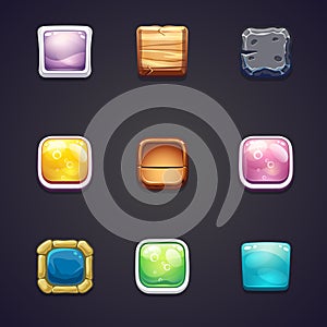 Set of square buttons of different materials for the web design and computer games