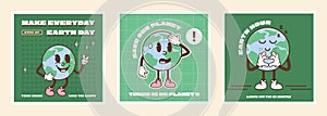 Set of square cards for Happy Earth Day. Vintage nostalgia cartoon planet mascot character with environmental slogan photo