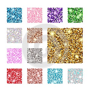 Set square color glitter texture pattern. Gold, silver, red, pink, blue, green, purple