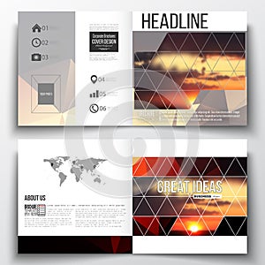 Set of square design brochure template. Colorful polygonal backdrop, blurred natural background, amazing summer sunset