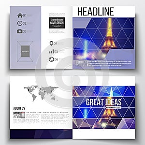 Set of square design brochure template. Dark polygonal background, blurred image, night city landscape, Paris cityscape