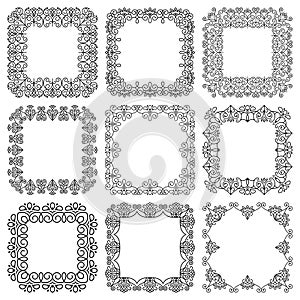 Set of square floral wide black frames and vignettes