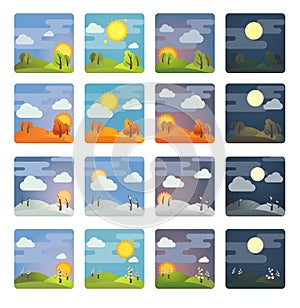 Set of square four season and four times of day icons: summer, winter, spring, autumn, morning, day, evening, night.