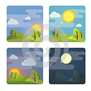 Set of square four times of day icons: morning, day, evening, night. Stock vector illustration