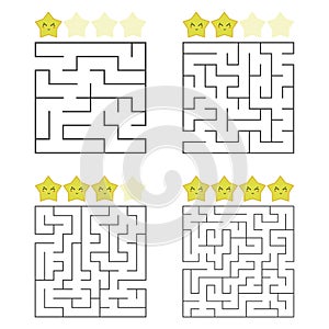 A set of square mazes. Four levels of difficulty. Cute stars. Game for kids. Puzzle for children. One entrances, one exit.