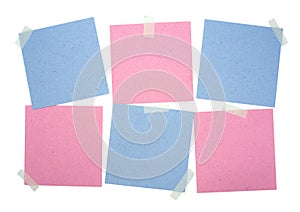 Set of square paper notes isolated on white background. Pink and blue paper sheets with sticky tape. Mockup for design. Blank temp