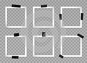 Set of square photo frames with black adhesive tape. Vector 3d realistic. Mockup for modern design. Blank template on a transparen
