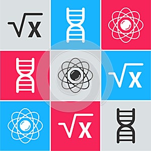 Set Square root of x glyph, DNA symbol and Atom icon. Vector