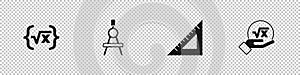 Set Square root of x glyph, Drawing compass, Triangular ruler and icon. Vector