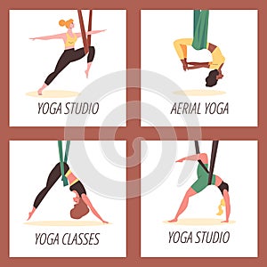Set of squared banners about aerial yoga flat style, vector illustration