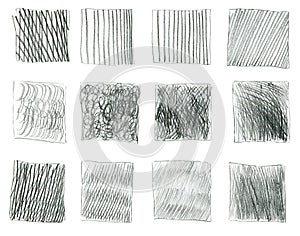 Set of squares with different types of pencil hatching