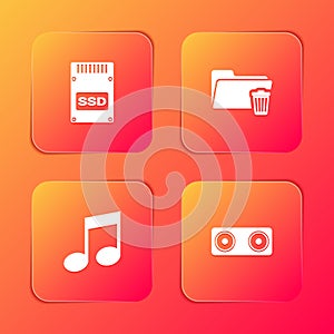 Set SSD card, Delete folder, Music note, tone and Stereo speaker icon. Vector