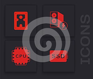Set SSD card, Hard disk drive HDD, Case of computer and Processor with CPU icon. Vector