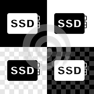 Set SSD card icon isolated on black and white, transparent background. Solid state drive sign. Storage disk symbol