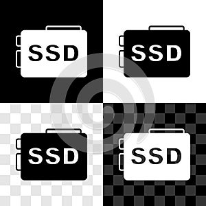 Set SSD card icon isolated on black and white, transparent background. Solid state drive sign. Storage disk symbol