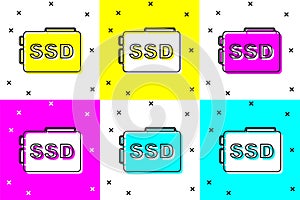 Set SSD card icon isolated on color background. Solid state drive sign. Storage disk symbol. Vector