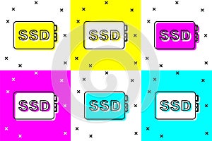 Set SSD card icon isolated on color background. Solid state drive sign. Storage disk symbol. Vector