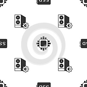 Set SSD card, Processor with CPU and Case of computer on seamless pattern. Vector