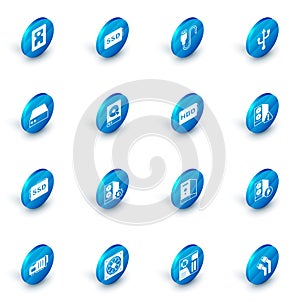 Set SSD card, USB cable cord, Server, Data, Web Hosting, Hard disk drive HDD, Case of computer and icon. Vector