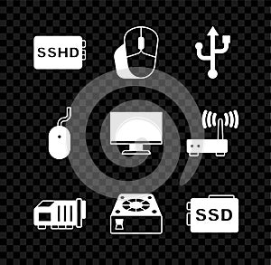 Set SSHD card, Computer mouse, USB, Video graphic, cooler, SSD, and monitor screen icon. Vector