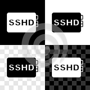 Set SSHD card icon isolated on black and white, transparent background. Solid state drive sign. Storage disk symbol