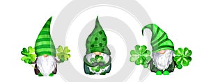 Set of St Patrick day gnomes in striped and decorated hats with four leaves clovers - luck symbols. Watercolor green