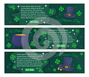Set of St. Patrick s Day banners. Leprechauns hat and pot with gold coins, clover and sparkles. Stock vector